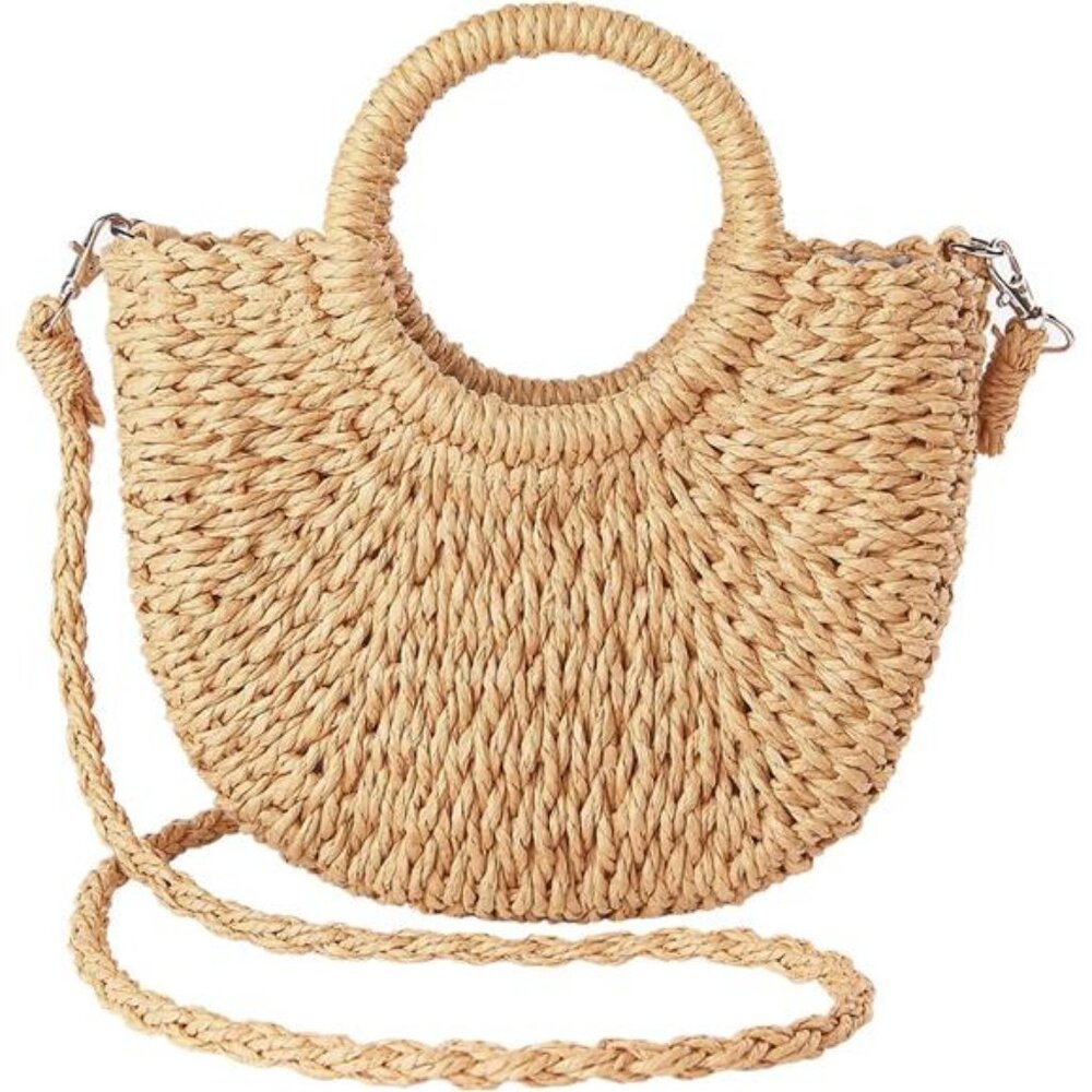 Khaki Straw Beach Bag for Women, Summer Handwoven Tote Bags Purse with Tassel
